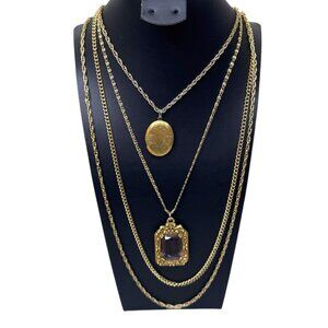 Vintage 1950 GOLDETTE Locket Golden Rhinestone Pendant Necklace Gold Tone Chains